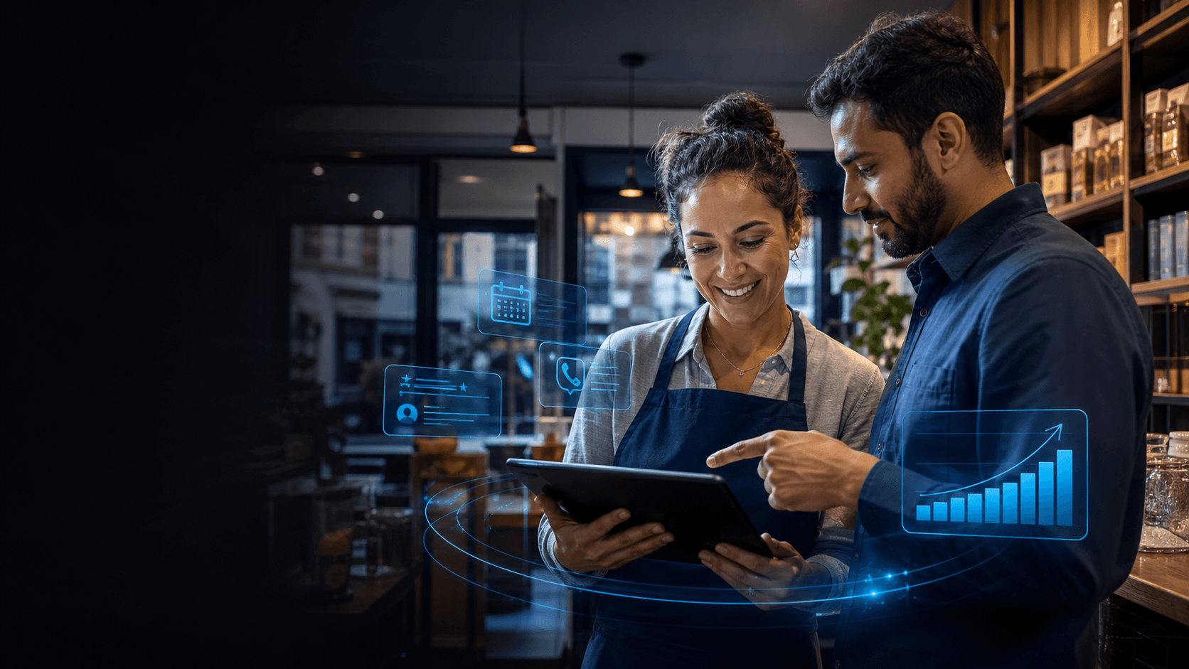 Local business owner reviewing an AI automation dashboard with a BizPromptly technical partner
